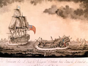 O naufrágio do "vingador" afundou ao largo de Brest pela frota inglesa em 1/06/1794. Gravura no final do século XVIII, início do século XIX.