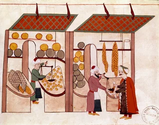A loja do comerciante de quatro estações, sobre os vícios de frutas e legumes Miniatura de um manuscrito Cicogna do século XIX (1828) depois de um original do século XVII (1671). Veneza, Biblioteca Marciana