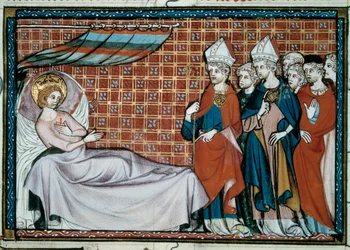 O rei doente da França Saint Louis (Louis IX) (1214-1270) dirige-se aos seus parentes e ao clero. Miniatura de um manuscrito "Vida e Milagres de São Luís", de Guilherme de Saint Pathus