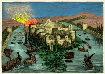 O cerco de Paris em 845 pelos Vikings sob a liderança de Ragnar Lodbrok, gravura, século XIX