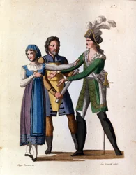 Os cantores Savino Monelli (Bertrando), Teresa Bellog (Isabella) e Filippo Galli (Tarabotto) na ópera semi-séria "L