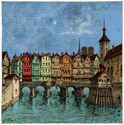 A pequena ponte que mais tarde foi a Pont au Change em Paris na Idade Média, gravura do século XIX.