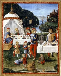 O lanche de Maximilian Sforza (1490 - 1530) no parque. Miniatura de um manuscrito do século XV. Milão, Biblioteca Trivulziana.