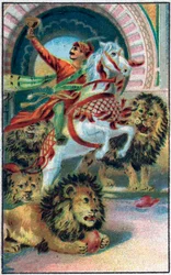 A fonte dos leões. História do Príncipe Ahmed e da taxa Paris-Banou (Pari Banou) (Paribanu). Conto de 1001 noites (contos das mil e uma noites). Cromolitografia do final do século XIX.