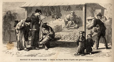 O selo de um vendedor de sapatos de palha, com clientes diferentes, uma mulher que tenta um par com seus amigos e um pai que cuida de seu filho. Gravura para ilustrar a viagem ao Japão, em 1863-1864, de Aime Humbert, ministro da Confederação Suíça.