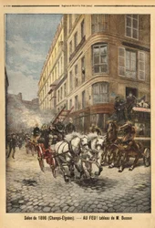 A bomba de vapor e os veículos dos bombeiros em Paris, de acordo com um quadro do Sr. Busson. Gravura em "Le petit journal" 3/05/1896. A colecção da Selva.