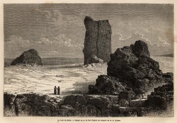 As ruínas de Birs Nimroud, que a comunidade turística de Bagdá (Iraque) na época, identifica como a torre mítica de Babel. Engravure pour illustrrer le voyage dans la Babylon, en 1866, de Guillaume Lejean, em "Le tour du monde, nouveau j
