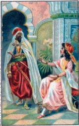 O sultão e a princesa. Conto "Histoire du cheval enchante" em "Les mille et une nuits "(les 1001 nuits ou Le mille e una notte, Arabian Nights). Cromolitografia do final do século XIX.