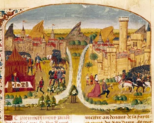 A rendição de uma cidade da Mesopotâmia Miniatura tirada do "Livro de Fatos de Alexandre o Grande" de Quintus Curtius Rufus (Quinte Curce) (século I), cerca de 1468. (Sra. 1335) Reims. Biblioteca Municipal