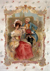 A doce confissão Um homem a cortejar uma mulher no século XVIII. Litografia de Paris do século XIX, Artes Decorativas