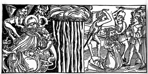 As tentações de Santo Antônio o Grande (ou Santo Antônio o Eremita ou Santo Antônio a Abadia) e, à direita, seu martírio depois. Gravura de "Leben der Heiligen - sommerteil" (O livro do santo) de Jacobus (Tiago) de Voragine (1228-1298). L