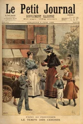 O tempo das cerejas, comerciante ambulante nas ruas de Paris. Gravura no "Le petit journal" 9/06/1895. A colecção da Selva.