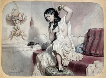 A casa de banho. Uma mulher numa casa de banho perto da sua banheira está prestes a tomar banho. Ilustração do século XIX. Paris, Artes Decorativas