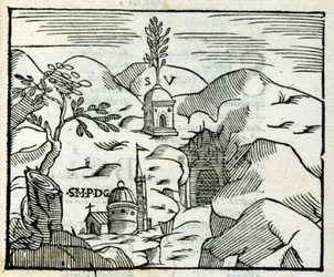 O túmulo de Virgílio (70 a.C. - 19 a.C.) em Pozzuoli. Xilogravura segundo um guia turístico do século XVII.