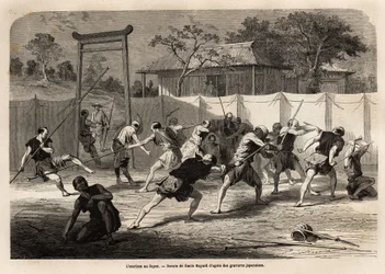 O treinamento de guerreiros japoneses em combate com espada e lança, em uma espécie de arena cercada por lona esticada. Gravura para ilustrar a viagem ao Japão, em 1863-1864, de Aime Humbert, ministro da Confederação Suíça, em "Le tour du monde, nouveau
