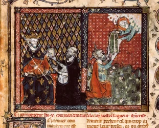 O monge tradutor apresenta o seu livro ao Rei Filipe III de França chamado o Negrito (1270-1285). Miniatura retirada de A Doutrina Cristã, de Santo Agostinho (?)