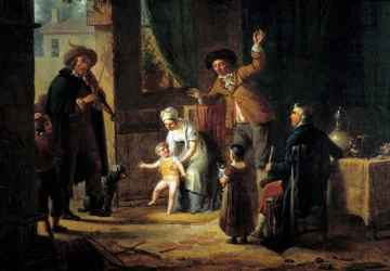 O músico itinerante Um violinista toca música à porta de uma casa de família. Uma pintura anónima. 1819 Paris, Artes Decorativas