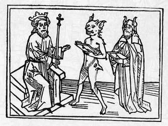 O julgamento de Belial: "O Demônio Belial apresenta suas credenciais ao Juiz Salomão" "Gravura de "O julgamento de Belial" de Jacobus de Teramo (ou Palladino), Ausburgo