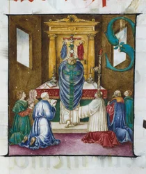 A elevação do anfitrião. Lettrine S. - de um coro do século XVI. A Igreja da Virgem Coroada de Lodi.