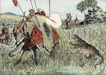 A viagem do Príncipe de Gales (depois Eduardo VIII e depois Duque de Windsor) (1894-1972), às Índias Britânicas, aqui representado durante uma caçada ao tigre" (Príncipe Eduardo de Gales durante uma caçada ao tigre na Índia Britânica