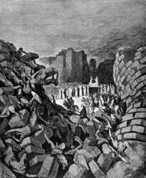 As muralhas de Jericó ruíram ao som das trombetas de Oseias, o que permitiu aos Hebreus tomá-las. Livro de Josué. Gravura do século XIX.