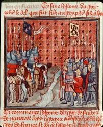 As armas de Filipe IV o Bel (1268-1314) na margem de um rio encontram um exército inimigo em miniatura de "Les grandes chronicles de France" Chantilly do século XIV, Musee Conde