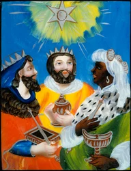 Os sábios Balthazar, Melchior, Gaspard Glass pintura ou anônimo fixo. Século XIX. Paris. Museu de Artes e Tradições Populares