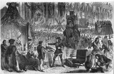 O desejo do faisão. Filipe III Le Bon, Duque de Borgonha (1396-1467) juntou-se ao Imperador de Constantinopla em 17 de Fevereiro de 1454 para um banquete no hotel da Salle de Lille. Gravura do século XIX.