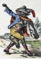 O lobo. Ilustração do conto "Compere le Loup, Maitre Renard, Comere la Chevre et ses petits biquets" depois de uma fábula de Jean de la Fontaine. Em "Contos da casa para os pequenos". Gravura anónima do século XIX.