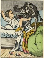 O lobo bate o Capuchinho Vermelho. Ilustração do conto "O Capuchinho Vermelho" de Charles Perrault