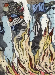 O lobo cai no fogo da chaminé. Ilustração do conto "Compere le Loup, Maitre Renard, Comere la Chevre et ses petits biquets" depois de uma fábula de Jean de la Fontaine. Em "Contos da casa para os pequenos". Gravação anónima dos