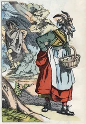 O lobo está à procura da cabra que deixa a sua casa. Ilustração do conto "Compere le Loup, Maitre Renard, Comere la Chevre et ses petits biquets" depois de uma fábula de Jean de la Fontaine. Em "Contos do lar para os pequenos". Gravura anónima