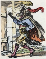 O lobo bate à porta da casa dos biquetes. Ilustração do conto "Compere le Loup, Maitre Renard, Comere la Chevre et ses petits biquets" depois de uma fábula de Jean de la Fontaine. Em "Contos da casa para os pequenos". Gravação anónima o