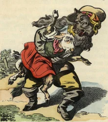 O lobo foge com a criancinha. Ilustração do conto "Bon medor and Little Chevrette". Em "Contos do lar para os pequenos". Gravura anónima do século XIX.