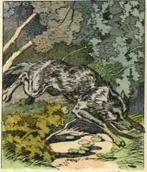 O lobo corre para a casa da avó. Ilustração do conto "O Capuchinho Vermelho", de Charles Perrault