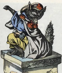 O lobo senta-se na chaminé. Ilustração do conto "Compere le Loup, Maitre Renard, Comere la Chevre et ses petits biquets" depois de uma fábula de Jean de la Fontaine. Em "Contos da casa para os pequenos". Gravura anónima do século XIX.