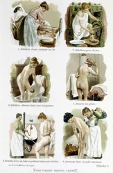 A mulher, médica doméstica: a água como meio curativo. 1. aluição de uma pessoa doente na cama, 2. aluição pelo fogo, 3. aluição alterna em uma banheira, 4. chuveiro de chuva, 5. chuveiro com um tubo de torneira de uma cozinha, 6. irrigação em um pequeno i