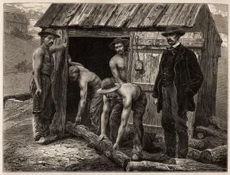 Os carpinteiros da mina de Montchanin, atirando-os para o poço inclinado; de fato, o engenheiro-chefe da mina supervisiona as manobras. Gravura para ilustrar uma viagem ao Creusot e às minas de Saone e Loire, em 1865, por L. Simonin, em "Le