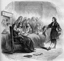 O escritor Georges de Scudery (1598-1667) durante um salão de cabeleireiro organizado pela sua irmã, Madeleine de Scudery, em 1650. Gravura de 1860-1861.