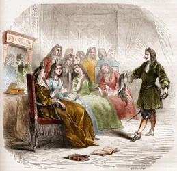 O escritor Georges de Scudery (1598-1667) durante um salão de cabeleireiro organizado pela sua irmã, Madeleine de Scudery, em 1650. Gravura de 1860-1861.