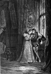 As jovens noivas Marie Iere Stuart (1542 - 1587) e François II (1544 - 1560) gostavam de se colocar de lado para fazer confidências. A gravura do século XIX.