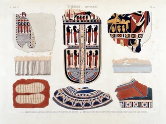Tebas, Hipócrates: 1.2.3.6.7.8. pinturas de envelopes de múmia 4.5. Detalhes de uma franja e uma tela listrada, encontrados em múmias - em "Descrição do Egito" 1809, Antiquite vol 2 pl 112