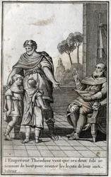 Teodósio I (Flávio Teodósio) (347-395), imperador romano, quer que seus dois filhos, Arcádio (377-408) e Honório (384-423), se levantem para ouvir as lições de seu professor. Século IV. Gravura em "Beaute de l