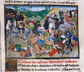 Terceira Cruzada: "Como os cristãos confirmam Saladino" Saladino (1138-1193) (Salah al Din Yusuf al-Ayyubi (al Ayyubi) é derrotado pelas Cruzadas por volta de 1191. Miniatura de "Chronicle abregee", de David Aubert