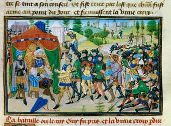 Terceira Cruzada: a perda da Cruz Verdadeira durante a batalha de Hattin em 4 de julho de 1187, Miniatura de "Chronicle abregee" de David Aubert, ca. 1450