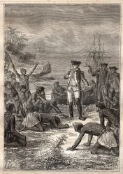 Terceira viagem (1776-1779) do Capitão James Cook (1728-1779): Cook é recebido pelos nativos (Havaí) - ilustração tirada de "Os Grandes Marinheiros do Século 18".