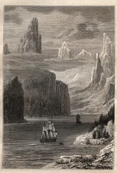 Terceira viagem (1776-1779) do Capitão James Cook (1728-1779): Entrada do Príncipe William (Príncipe William) (Alasca) - ilustração tirada de "The Great Mariners of the 18th century" (Os Grandes Marinheiros do século XVIII)