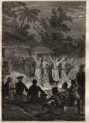 Terceira viagem (1776-1779) do Capitão James Cook (1728-1779): uma festa nas ilhas dos Amigos (Reino de Tonga, Polinésia) - ilustração tirada de "Os Grandes Marinheiros do século XVIII".