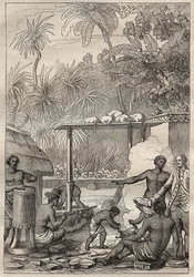 Terceira viagem (1776-1779) do Capitão James Cook (1728-1779): sacrifício humano ao Taiti - ilustração tirada de "Os Grandes Marinheiros do século XVIII".