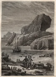 Terceira viagem (1776-1779) do Capitão James Cook (1728-1779): as ilhas de Kerguelen (arquipélago de Kerguelen, Antárctida) - ilustração retirada de "Os Grandes Marinheiros do século XVIII".